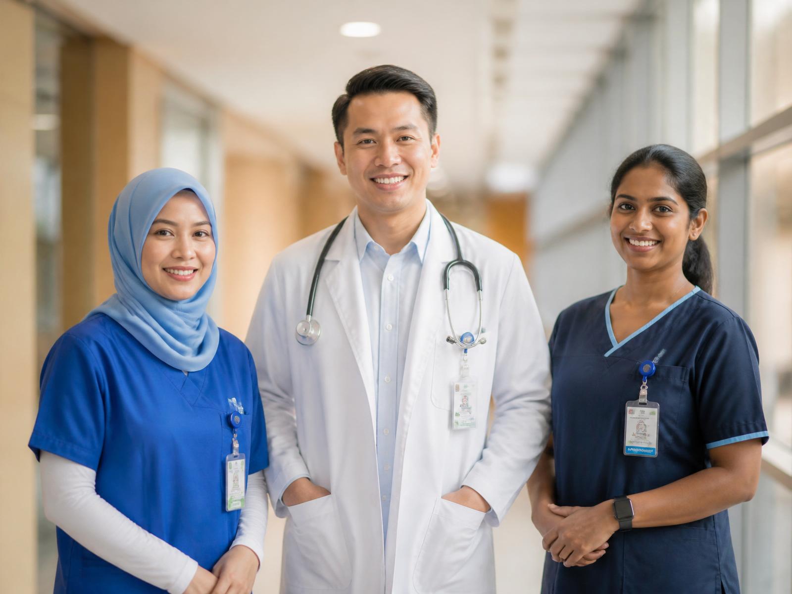 Malaysian healthcare professionals collaborating in a modern hospital